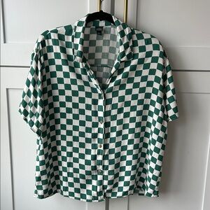 Checkered Button Down Short Sleeve Shirt Green and White